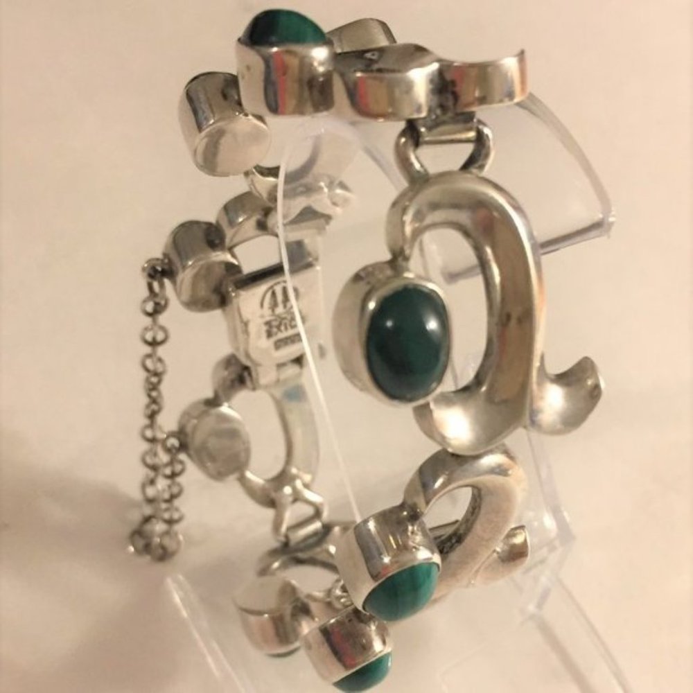TS-30 TWO TREES Hefty 8" 925 Sterling Silver Bracelet w Malachite Stones